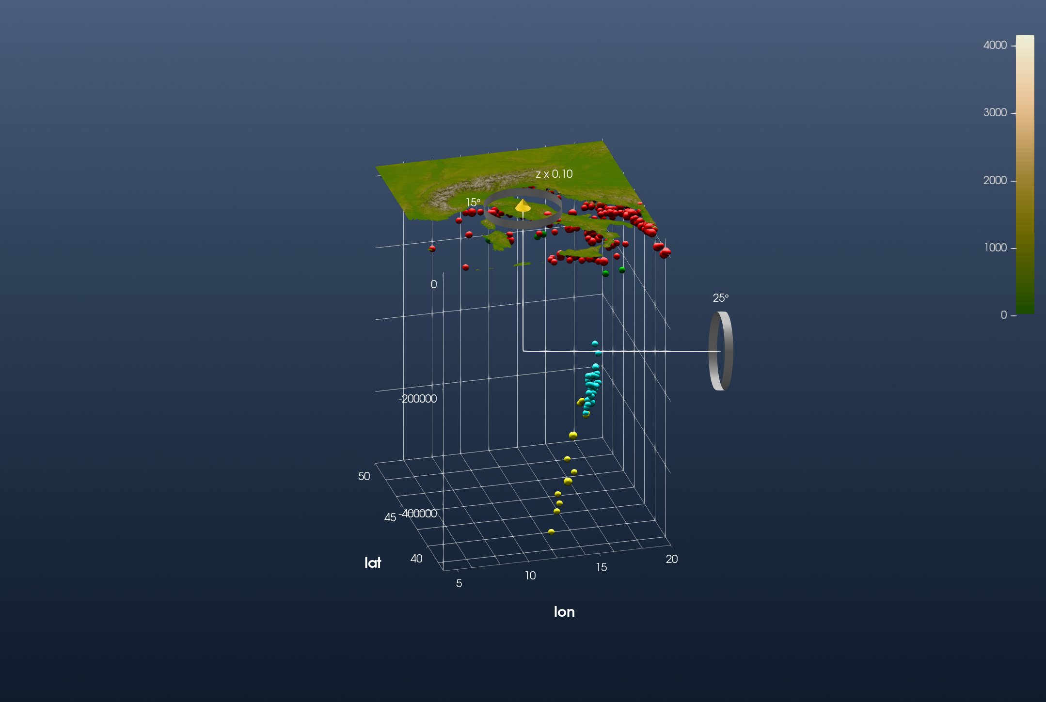 ISC-EHB seismicity under the land topography