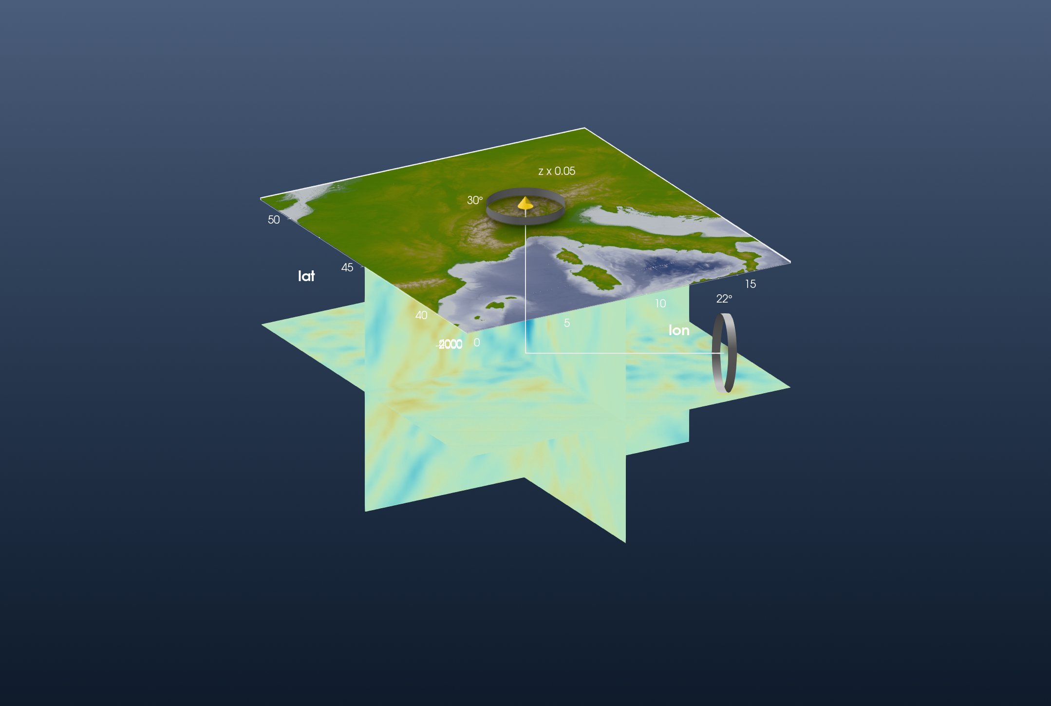 The Alpine P-wave model cut at 8.85° E, 44.9° N and 511 km depth, under the topography