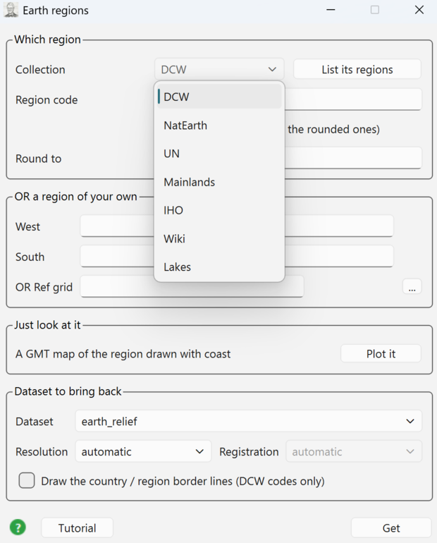 The Earth regions dialog, with the collection list open