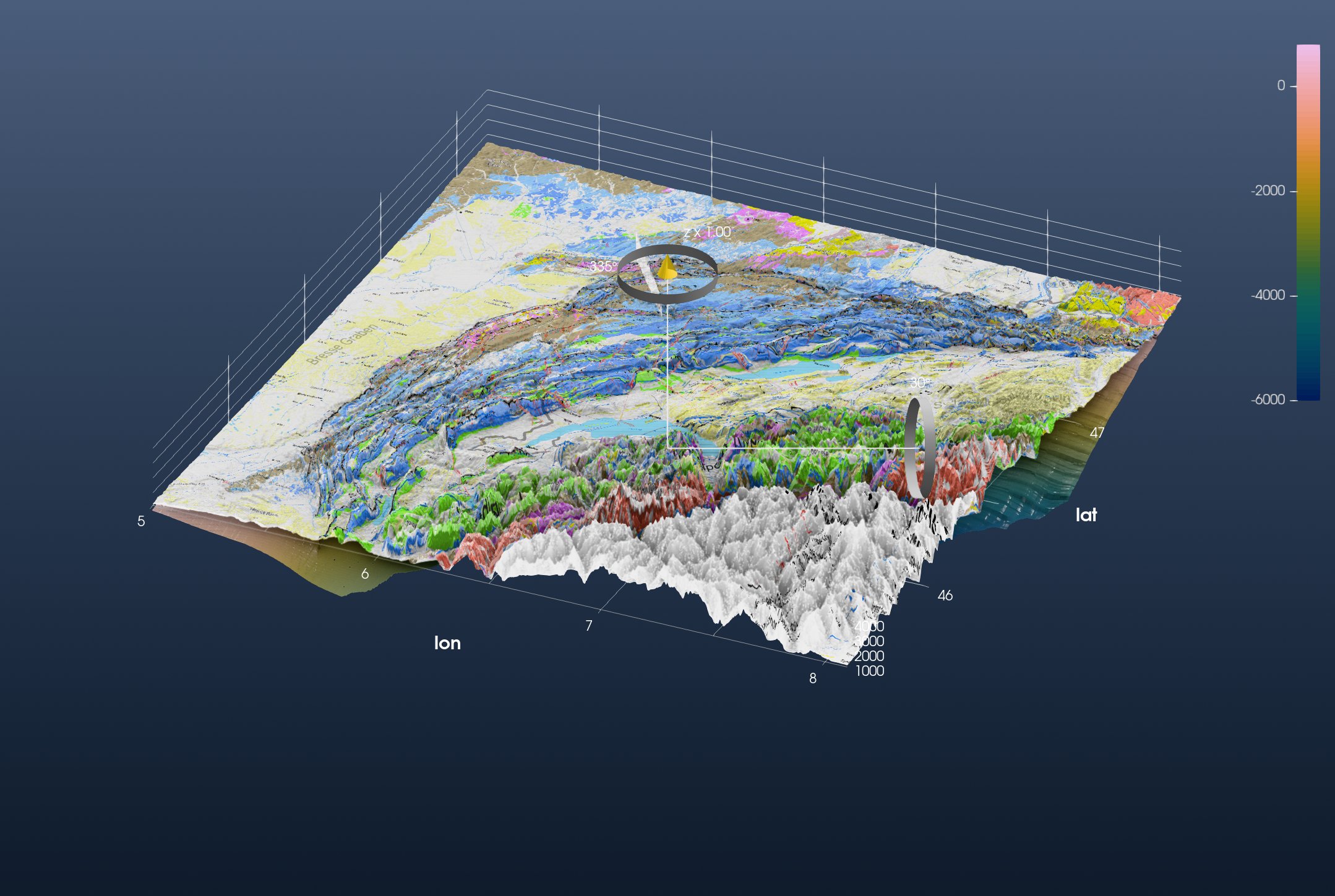 The geological map on the topography, the basement below it and the cross-section