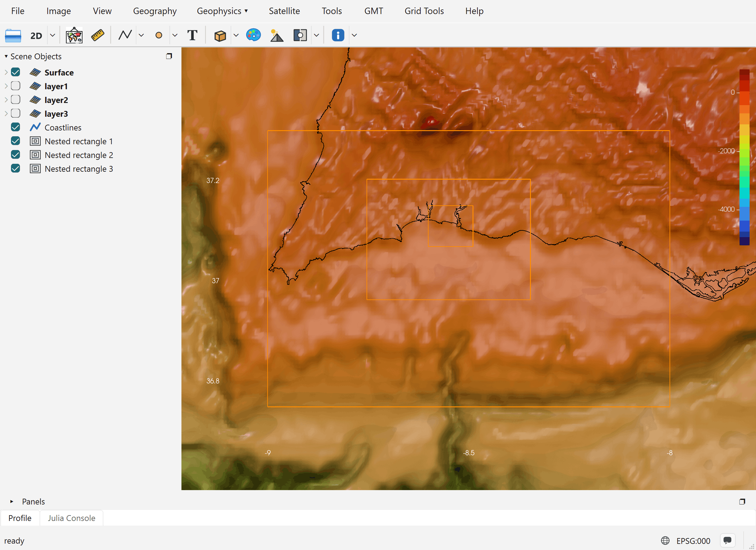 The blank grids layer1–layer3 in Scene Objects