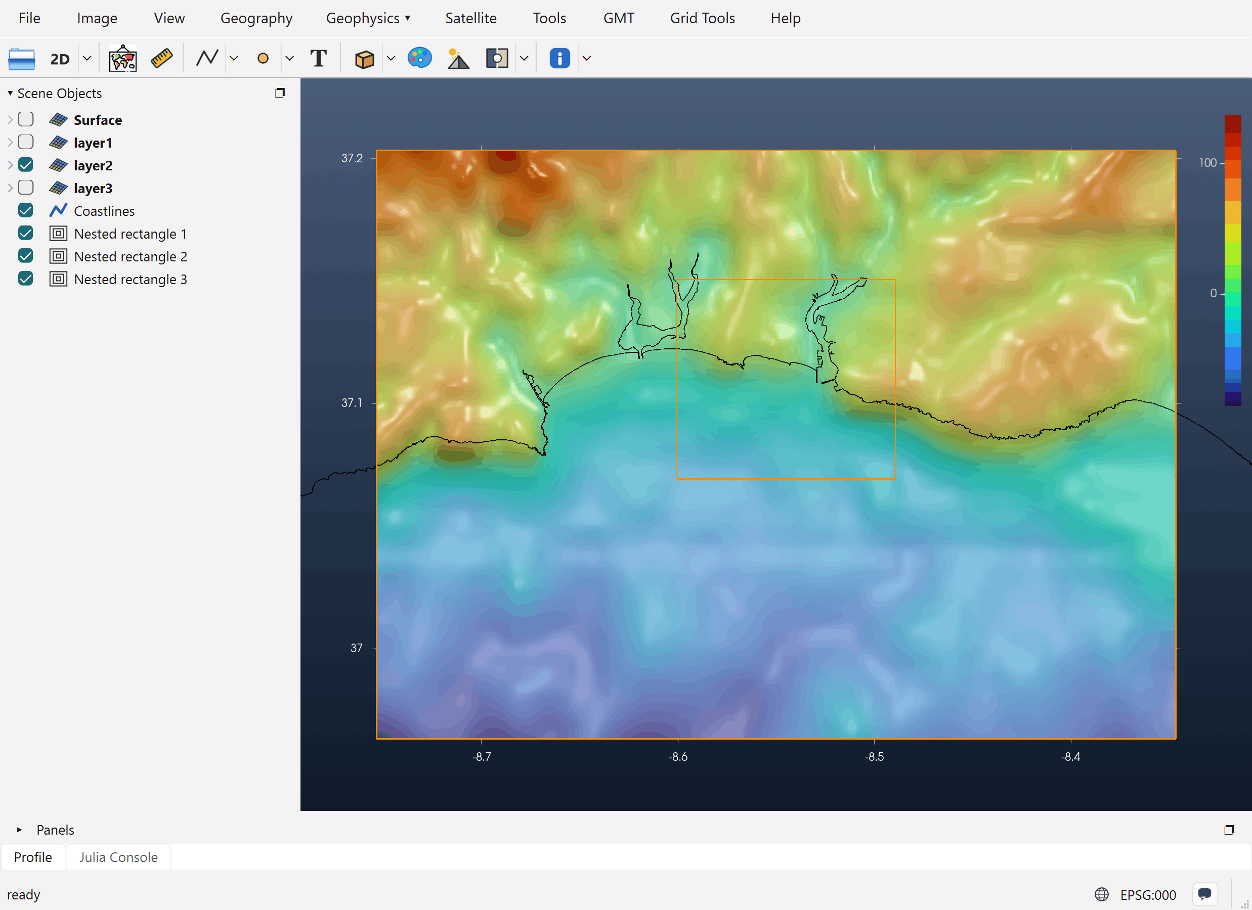 layer2 filled with bathymetry, with layer3's rectangle inside it