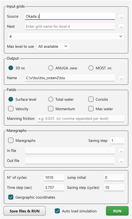 The NSWING tsunami options dialog