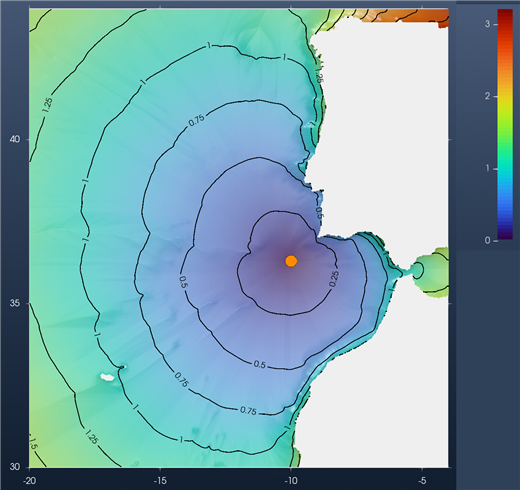 Isochrones every 0.25 h, Mirone method